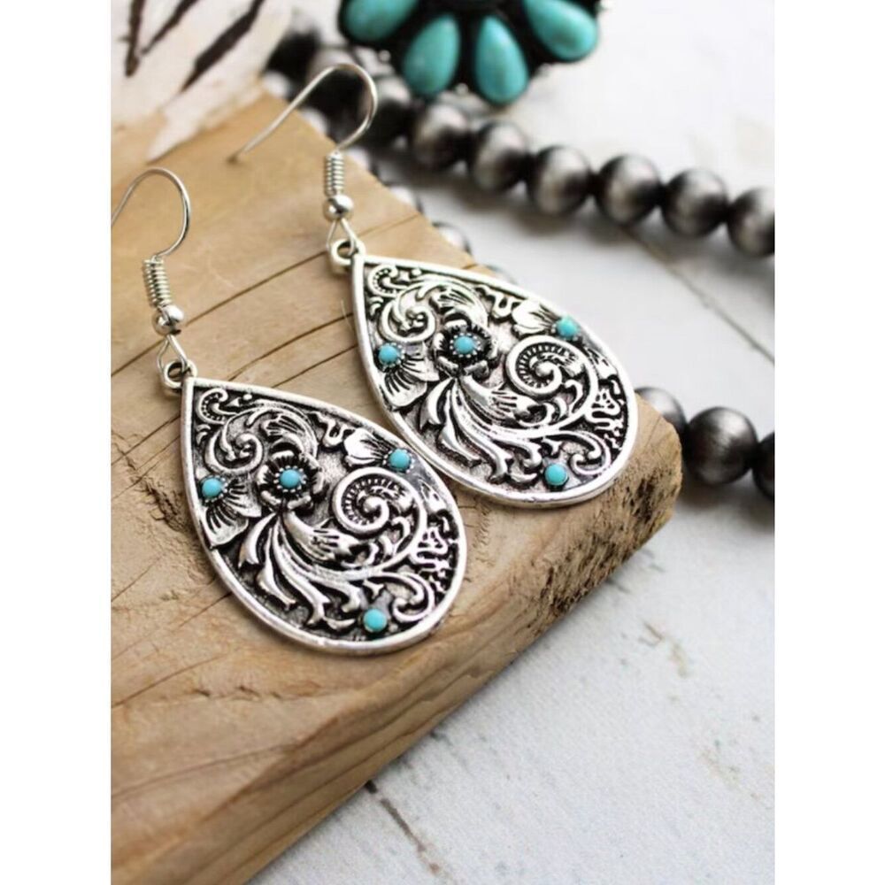 Western Chic Tooled Waterdrop Earrings Metal Turquoise Classic Bohemian Charm